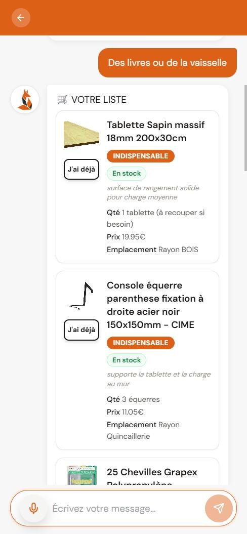 La liste du projet : tablette en sapin, équerres, avec la mention Indispensable, le stock, le prix et le rayon