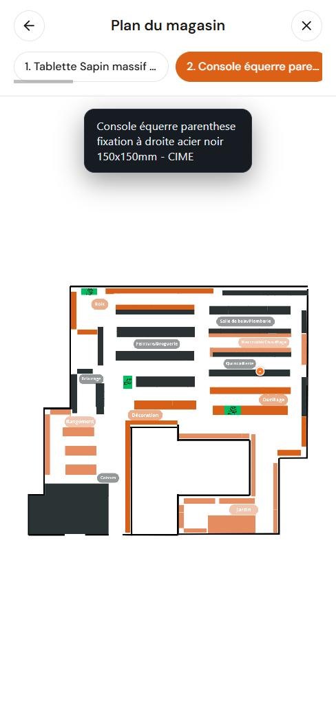Le plan du magasin, avec le rayon de l'équerre mis en évidence