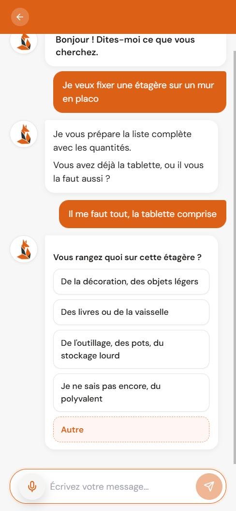 Le client veut fixer une étagère sur du placo ; l'assistant lui demande ce qu'il va ranger dessus