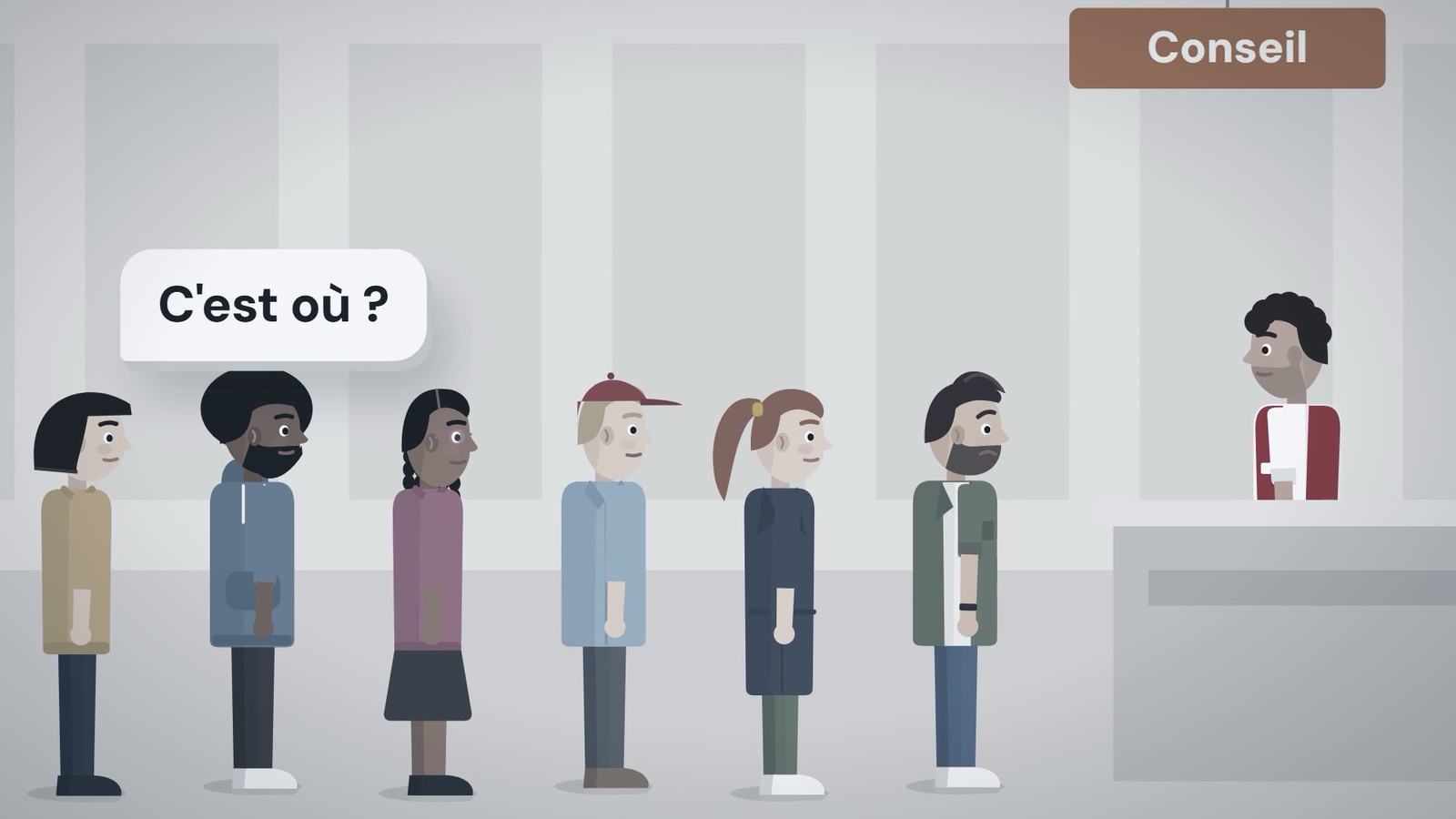 Des clients font la queue au comptoir conseil, l'un demande « C'est où ? »