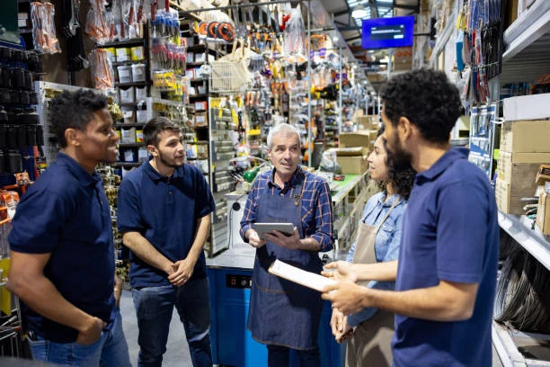 Dans un magasin de bricolage, le responsable fait le point avec quatre vendeurs, tablette à la main