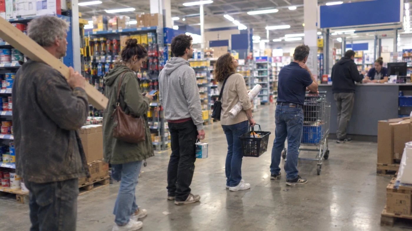 Un samedi en magasin de bricolage : des clients font la queue à l'accueil, une planche, un pot de peinture ou un rouleau de papier peint à la main