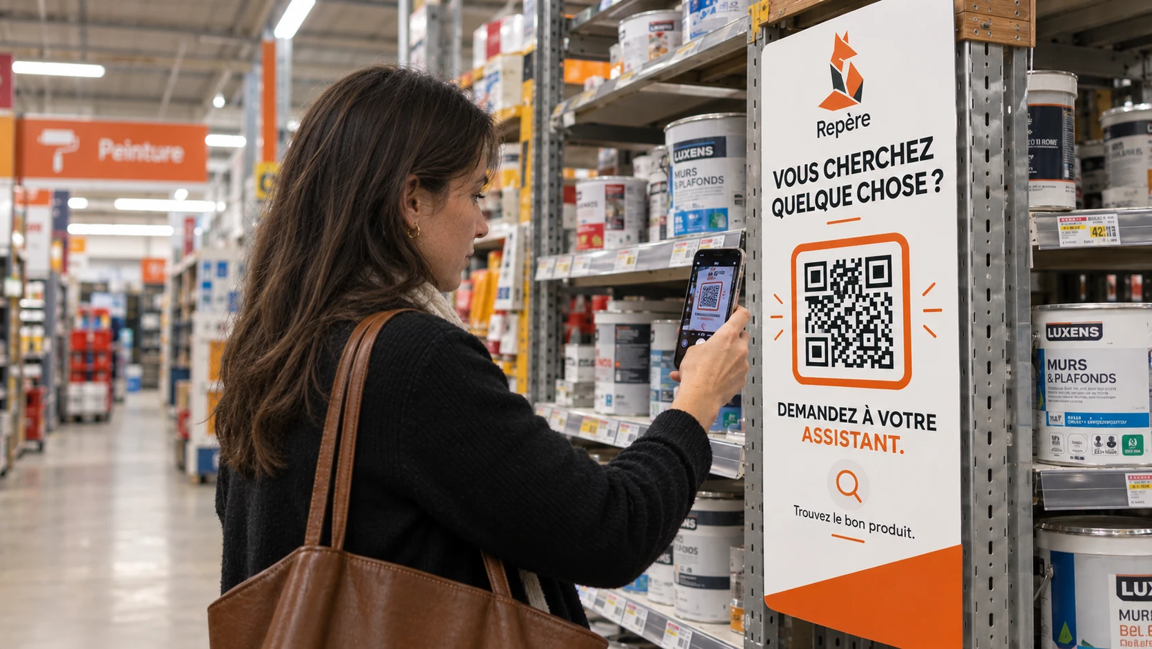 Au rayon peinture, une cliente scanne avec son téléphone le QR code d'une affiche Repère « Vous cherchez quelque chose ? Demandez à votre assistant. »