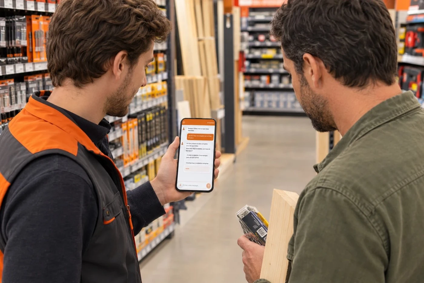 En rayon, un vendeur montre sur son téléphone la réponse de l'assistant à un client qui tient une planche et une boîte de vis